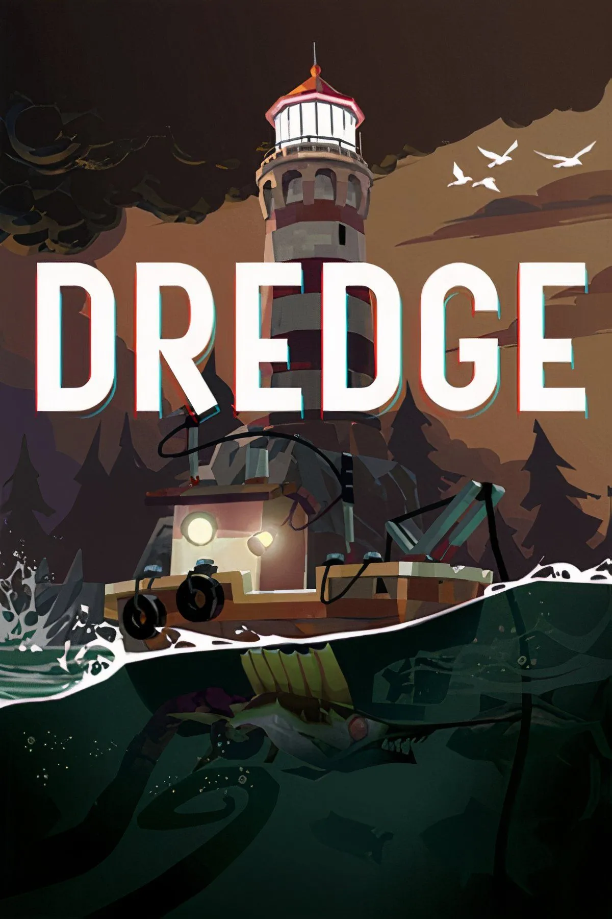 Tàu đánh cá trong cảnh hoàng hôn rực rỡ trên biển của game Dredge, trước khi khám phá những bí ẩn kinh hoàng.