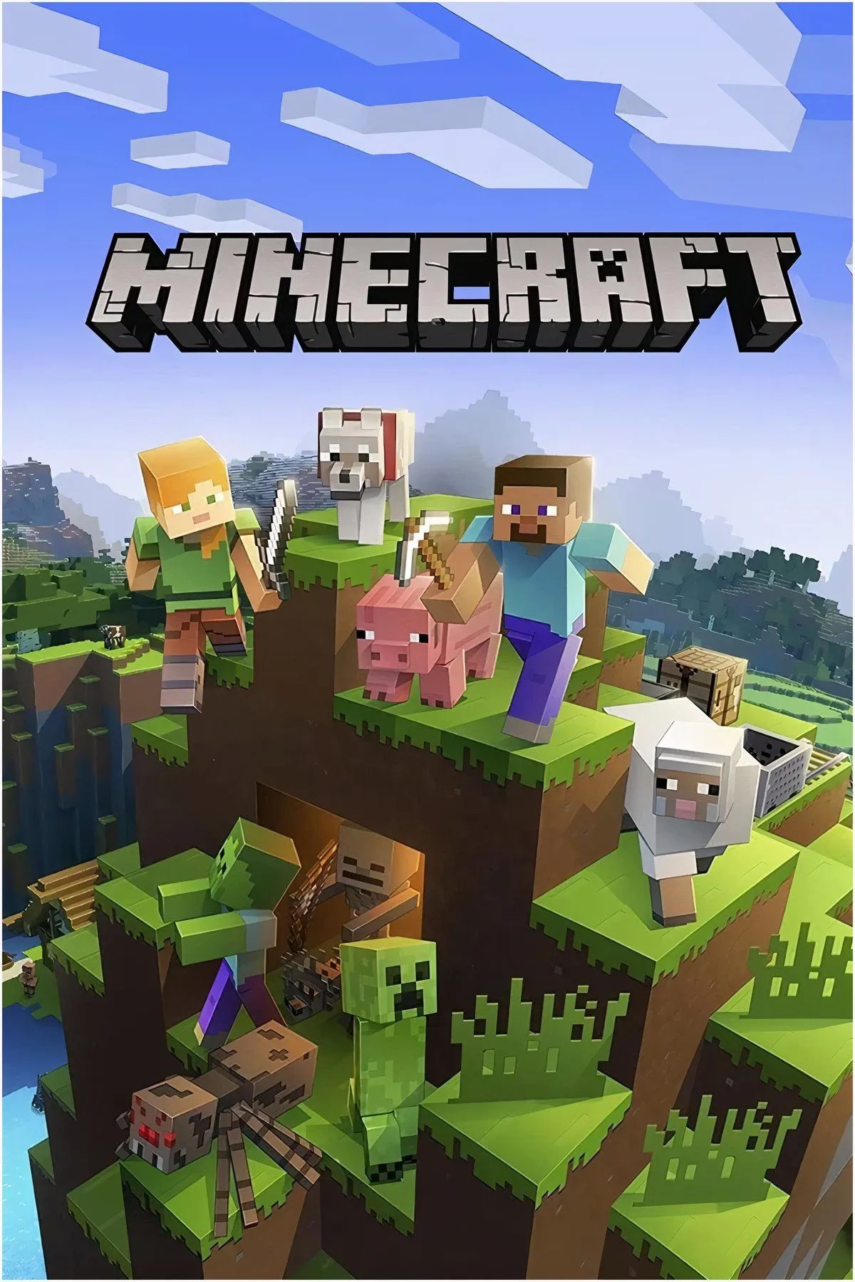 Thế giới Minecraft với các khối vuông đặc trưng, cây cối, núi non và nhân vật chính