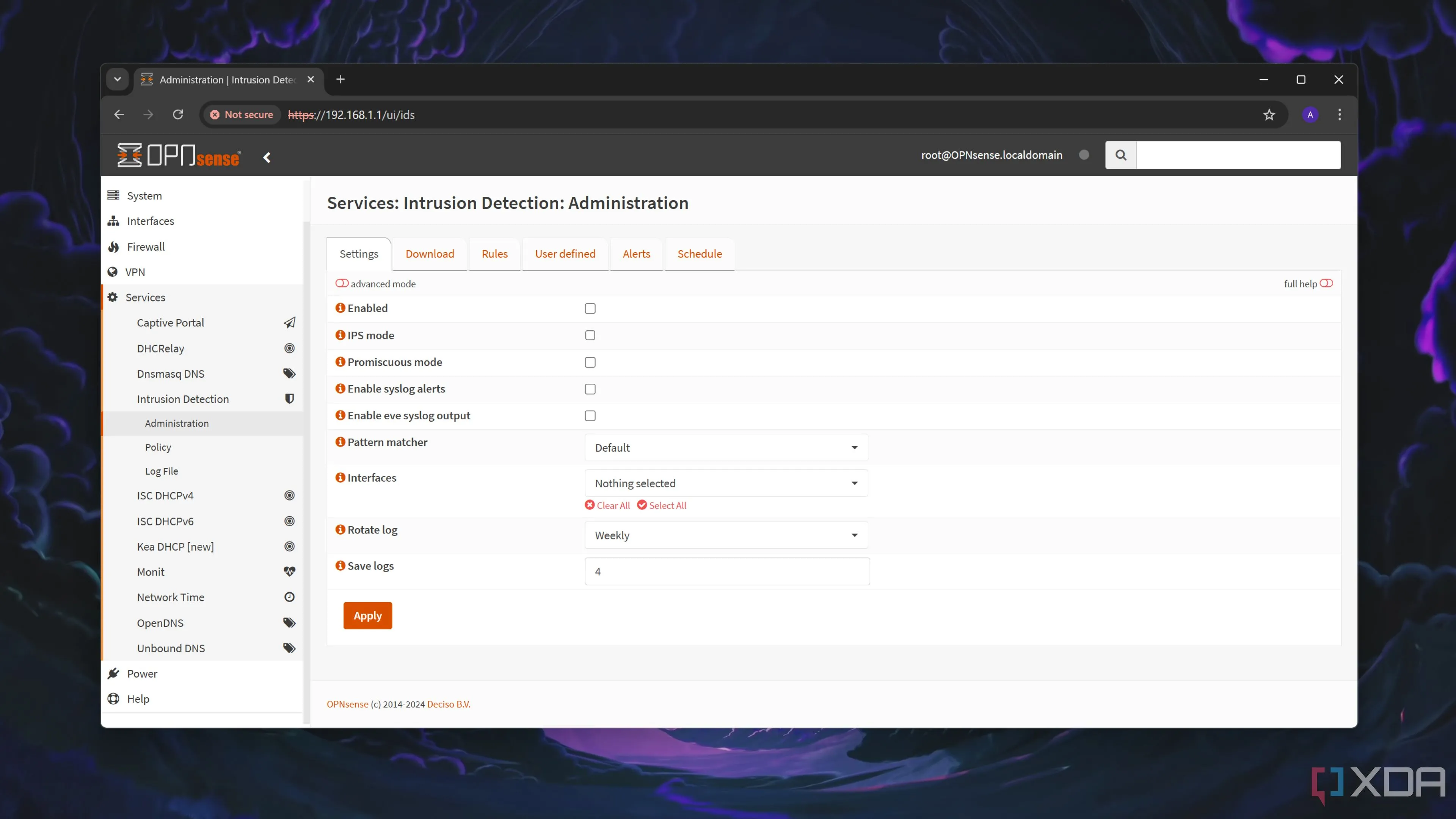 Thẻ Intrusion Detection trong giao diện web OPNsense hiển thị tính năng bảo mật