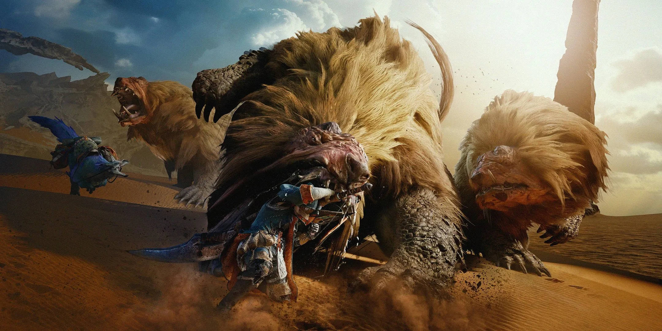 Thợ săn đang chiến đấu với quái vật khổng lồ trong thế giới mở của Monster Hunter Wilds