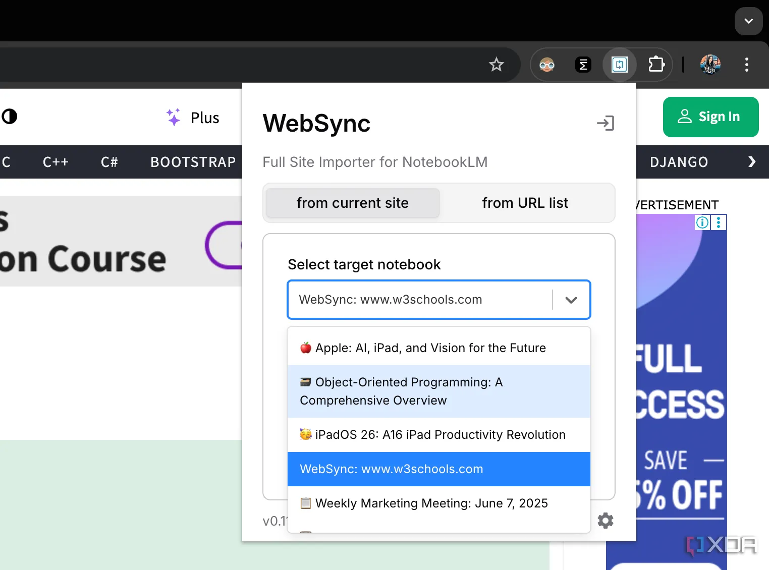 Tiện ích mở rộng WebSync hiển thị các sổ ghi chép NotebookLM của tôi, giúp thêm nguồn tự động và hiệu quả.