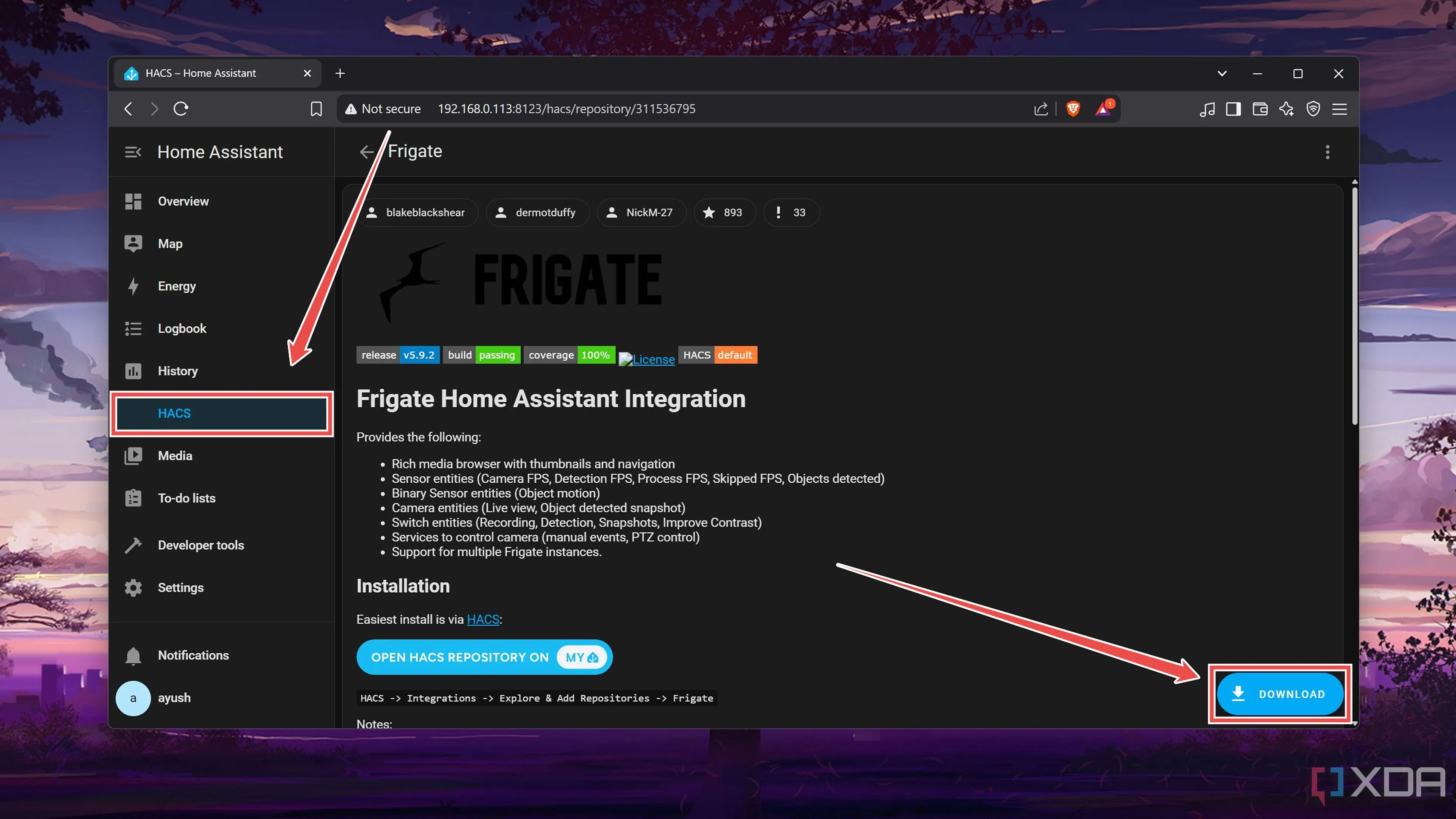 Tìm kiếm và tải xuống tích hợp Frigate từ Home Assistant Community Store (HACS)