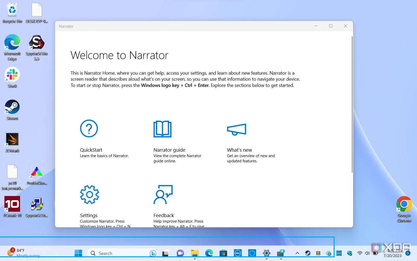 Tính năng Narrator (Trình tường thuật) của Windows 11 đang hoạt động trên màn hình desktop, cho thấy cách các tiện ích đọc màn hình được tích hợp sâu vào hệ điều hành để hỗ trợ người dùng trong nhiều ngữ cảnh. (Ảnh minh họa)