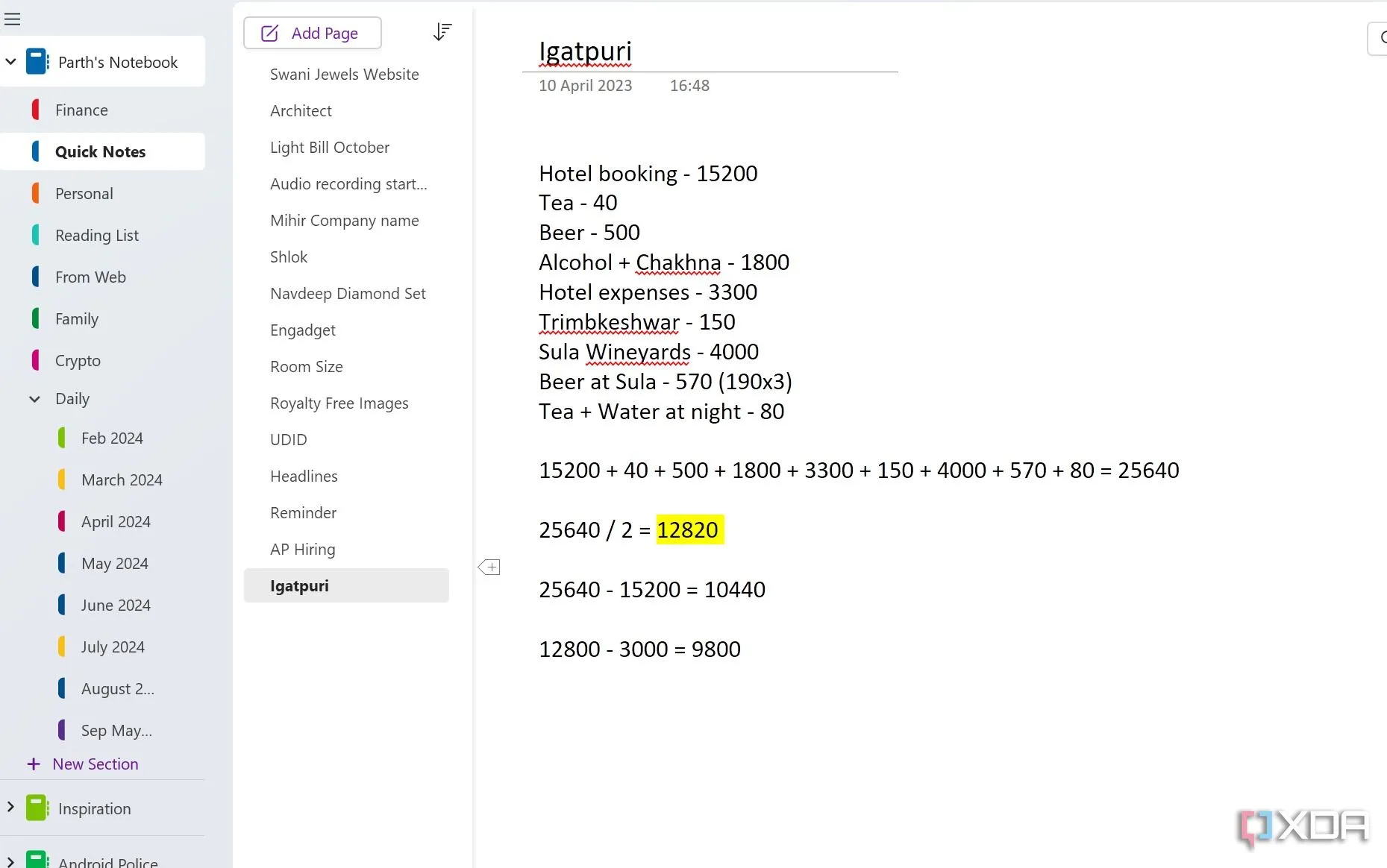 Tính năng tính toán trực tiếp trong OneNote, cho phép người dùng thực hiện phép tính ngay trong ghi chú.