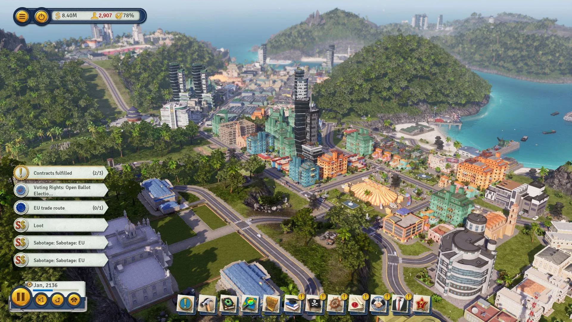 Toàn cảnh hòn đảo và sự mở rộng đô thị trong game chiến thuật Tropico 6