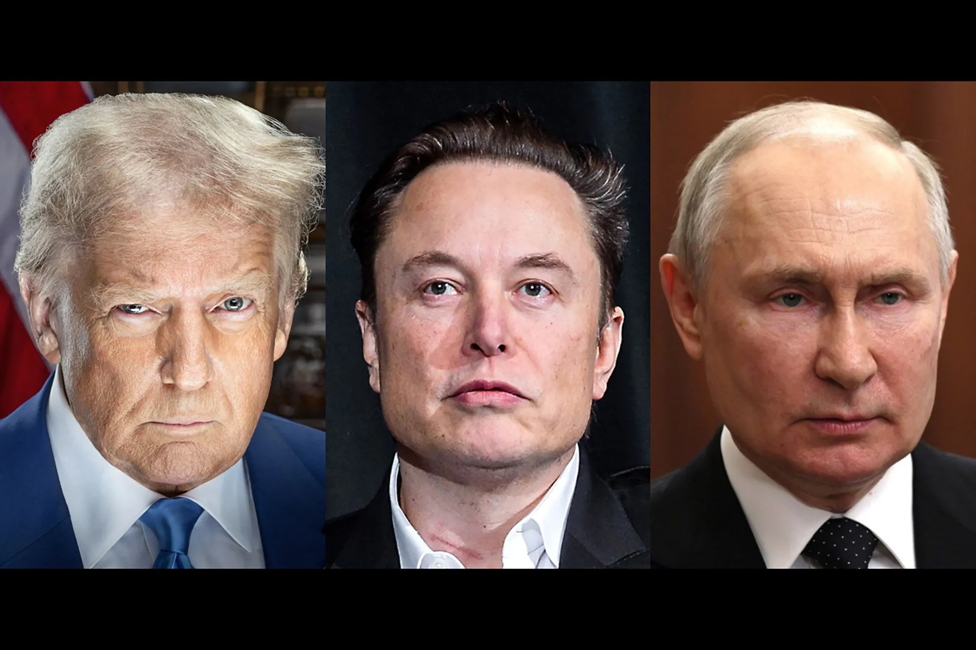Tổng thống Donald Trump, Elon Musk và Vladimir Putin, đại diện cho những tác nhân lớn trong cuộc chiến thông tin trên internet