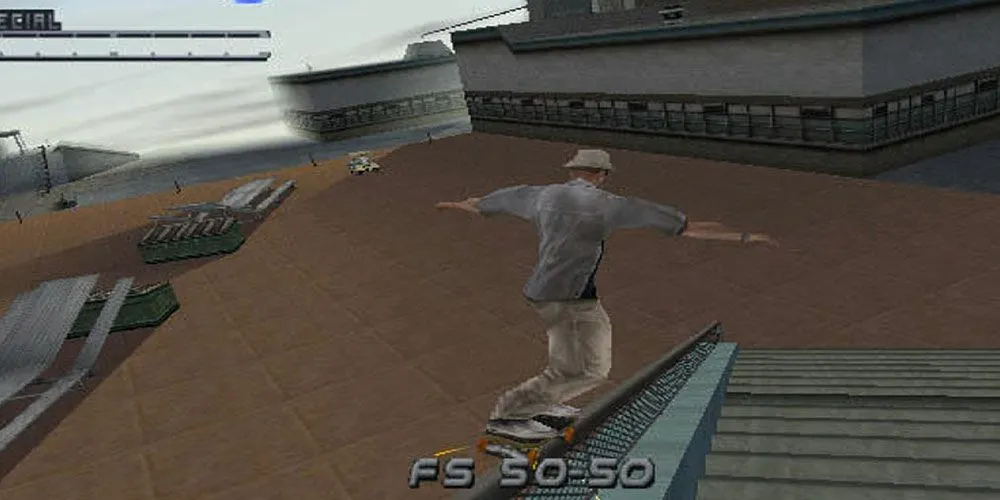 Tony Hawk thực hiện pha trượt ván (grinding) trên thanh ray trong Tony Hawk's Pro Skater 2