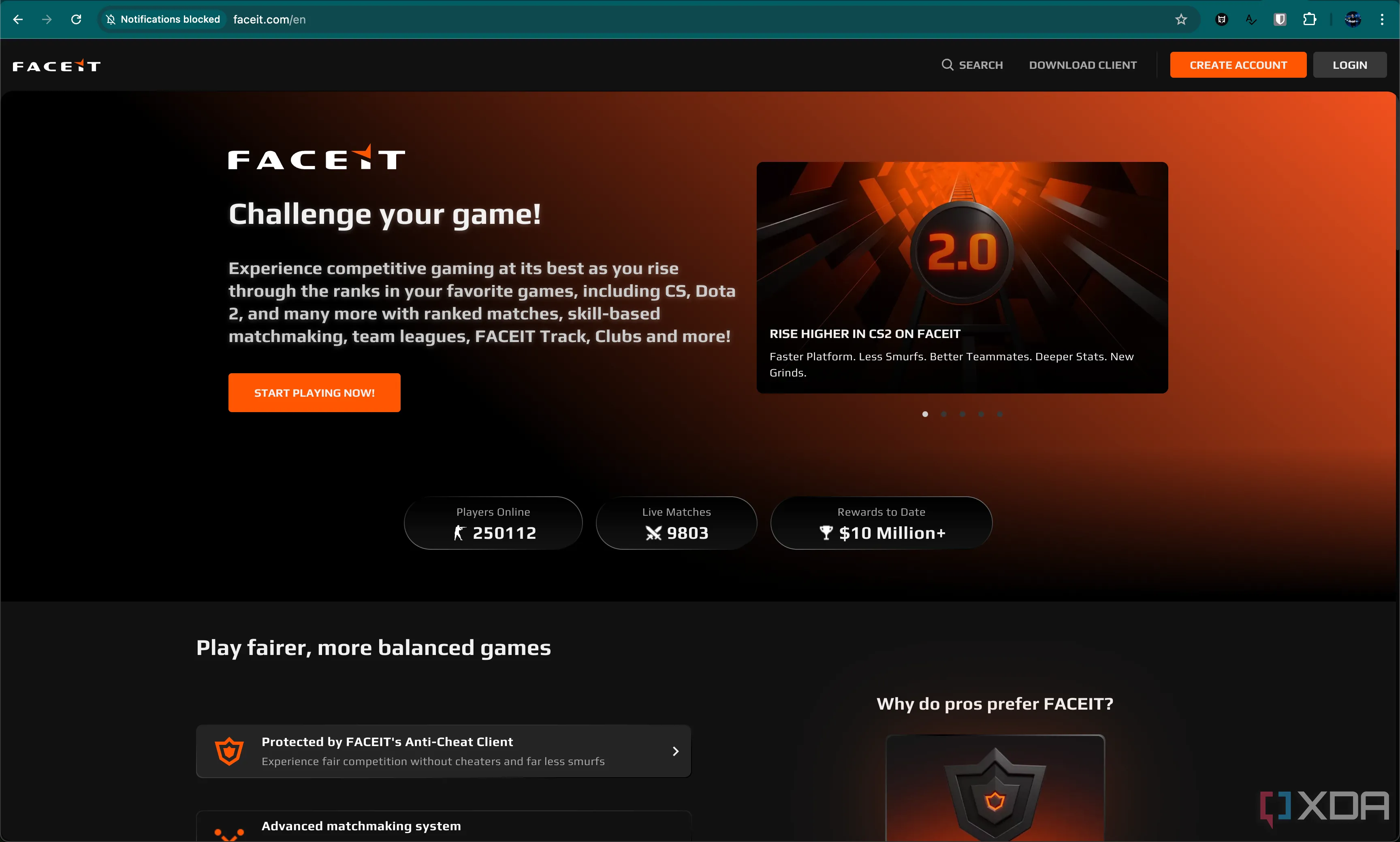 Trang chủ nền tảng Faceit, một trong những hệ thống matchmaking thay thế phổ biến cho CS2, hiển thị giao diện chính.