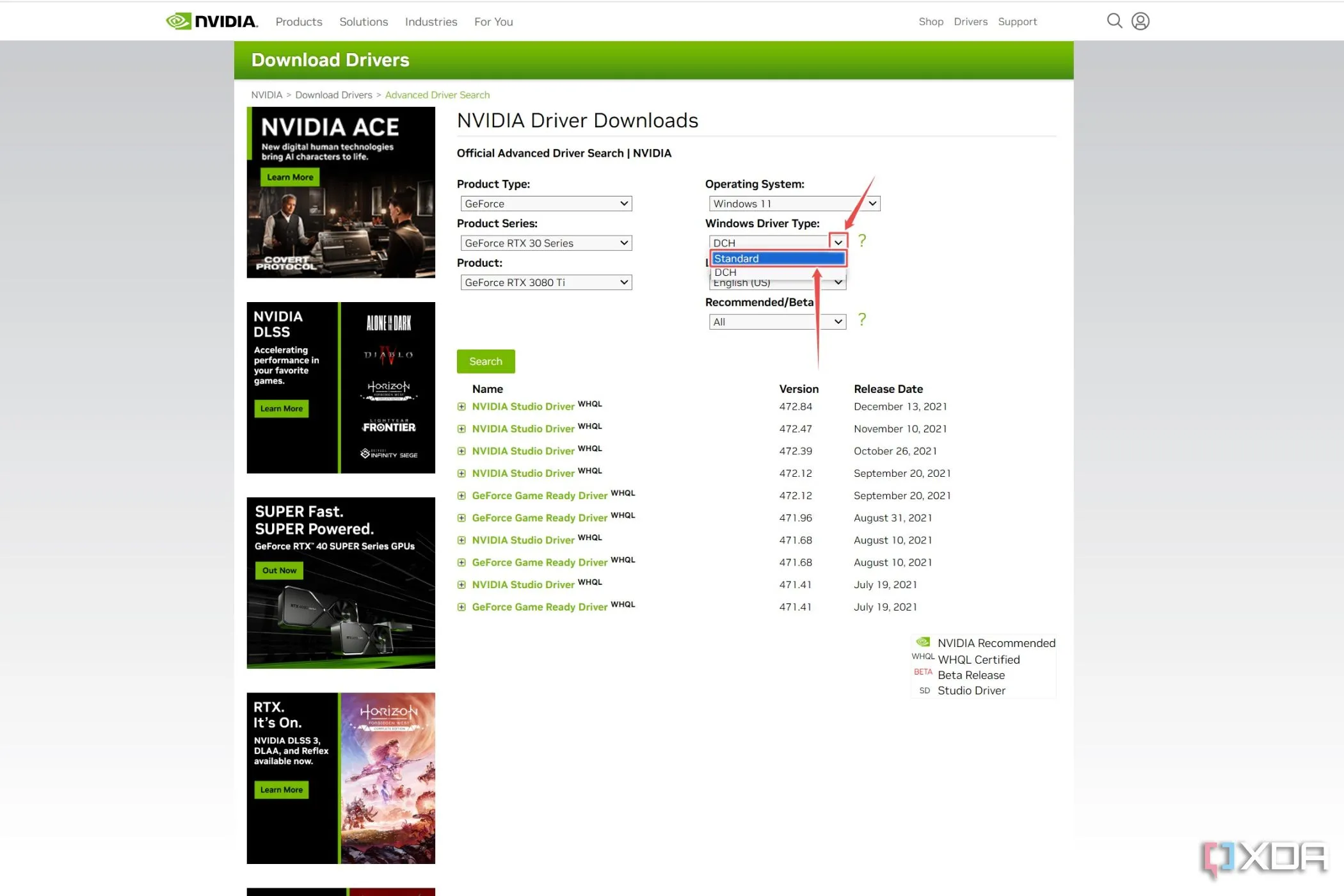 Trang tải driver Nvidia với tùy chọn Standard Drivers được đánh dấu
