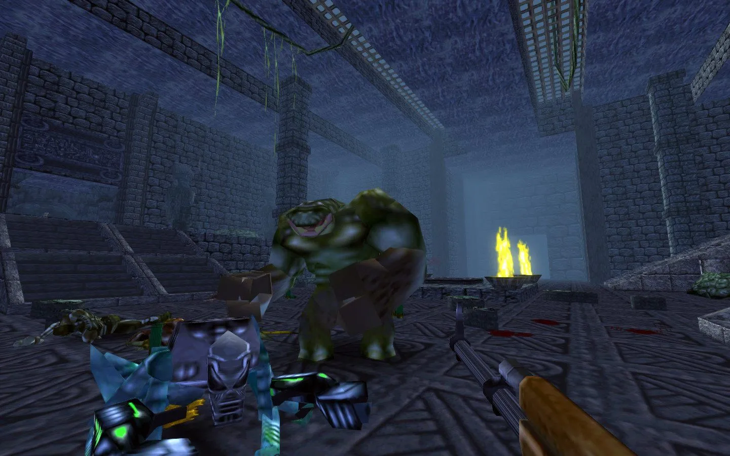 Turok: Dinosaur Hunter Remaster với cảnh chiến đấu trong hành lang đá, thể hiện đồ họa được nâng cấp.