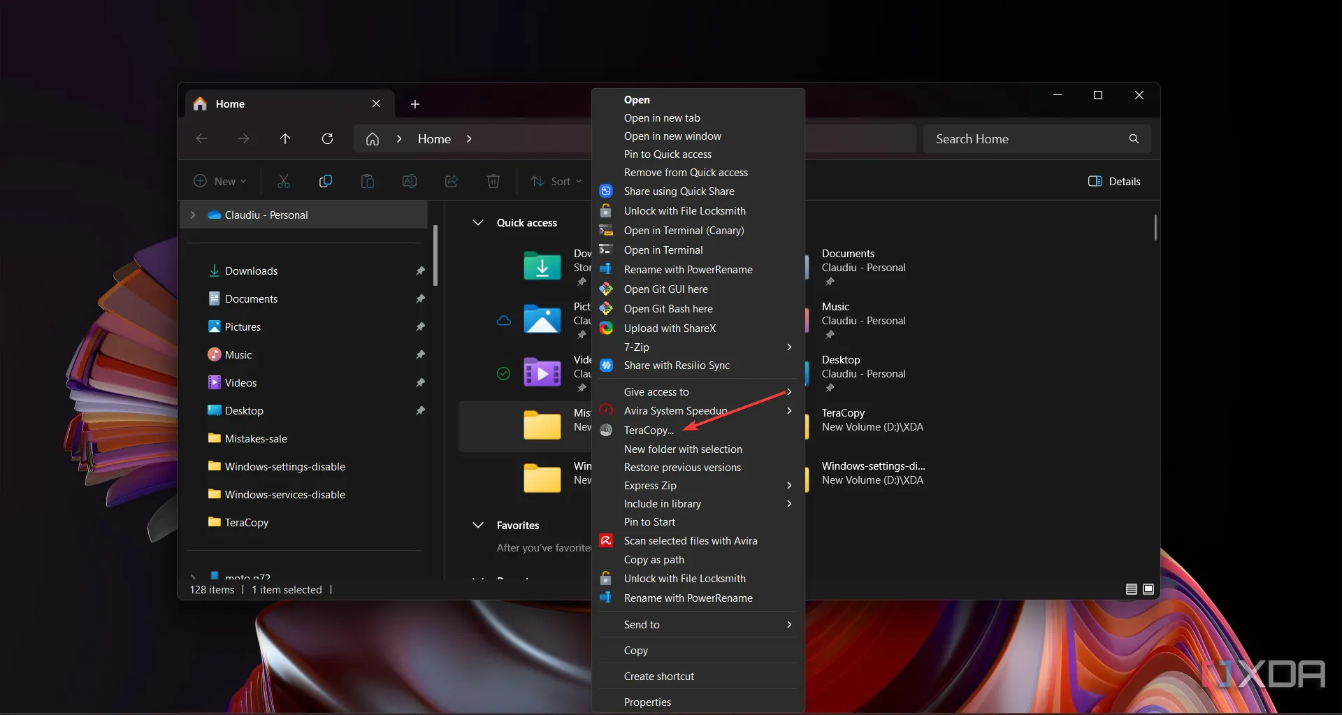 Tùy chọn TeraCopy trong menu chuột phải của File Explorer trên Windows