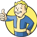 Vault Boy, biểu tượng của series Fallout, trong trang phục Vault đặc trưng.