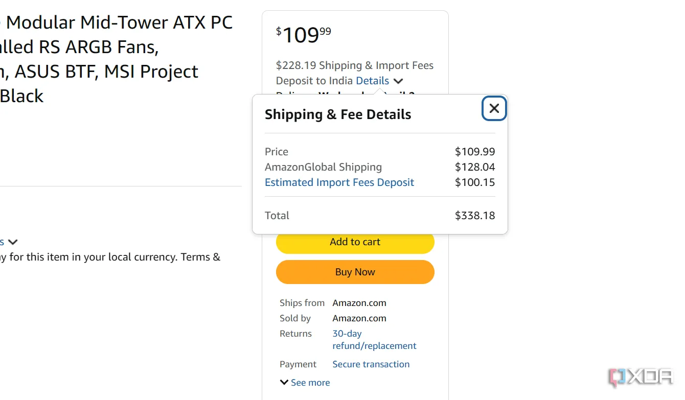 Ví dụ chi phí vận chuyển vỏ máy tính Corsair 4000D từ Amazon Hoa Kỳ