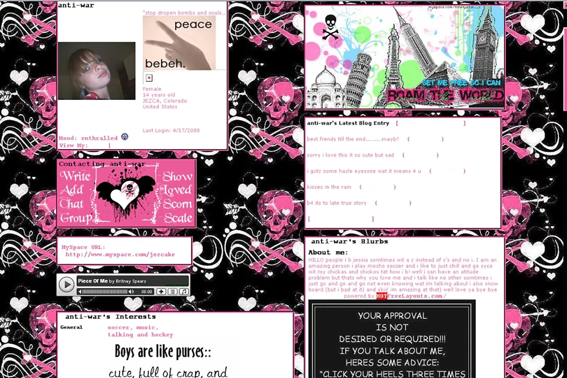 Ví dụ về giao diện tùy chỉnh của MySpace trước khi thiết kế lại, minh họa sự thay đổi của internet từ tùy biến sang đồng nhất