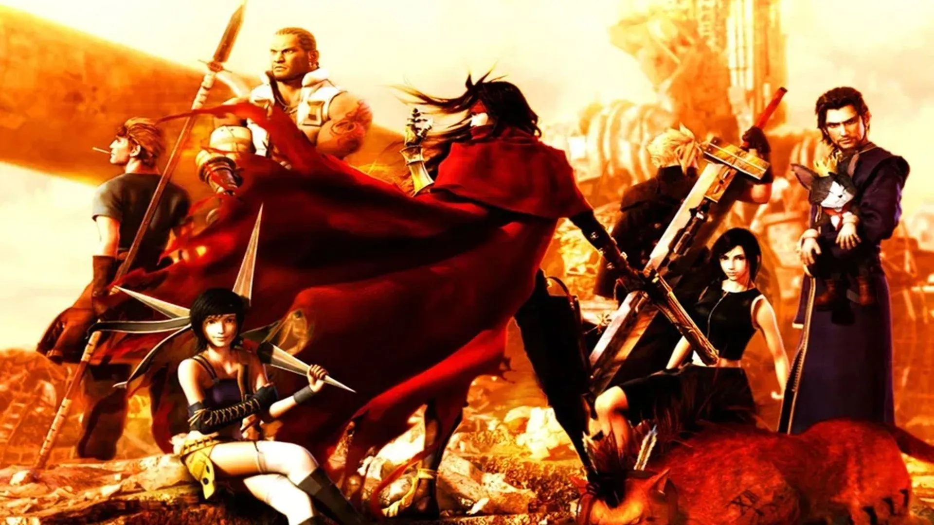 Vincent Valentine và các anh hùng khác trong phân cảnh chiến đấu của Dirge of Cerberus: Final Fantasy VII, tựa game bắn súng hành động spin-off đáng được remake.