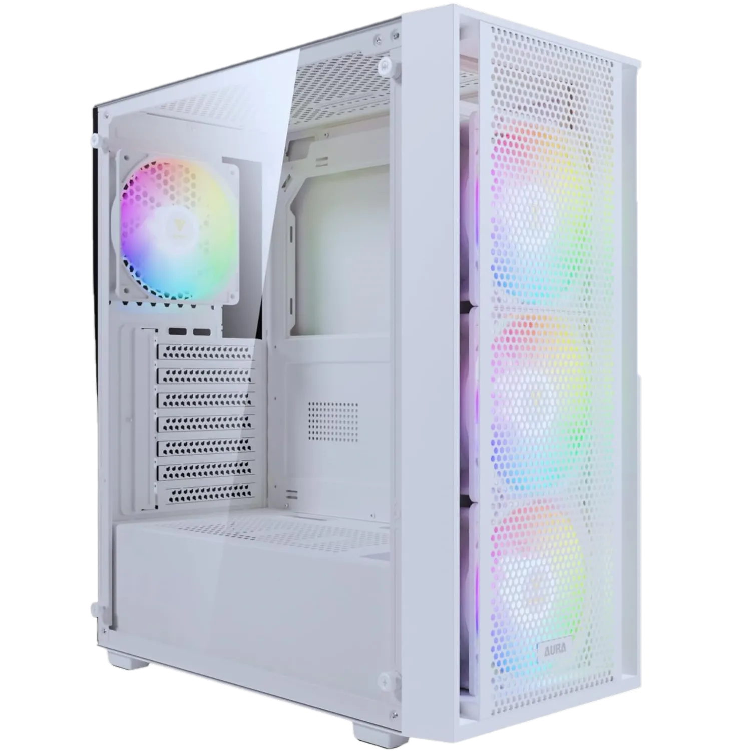Vỏ case Gamdias Aura GC2 màu trắng với quạt ARGB, thiết kế tối ưu tản nhiệt cho PC gaming.
