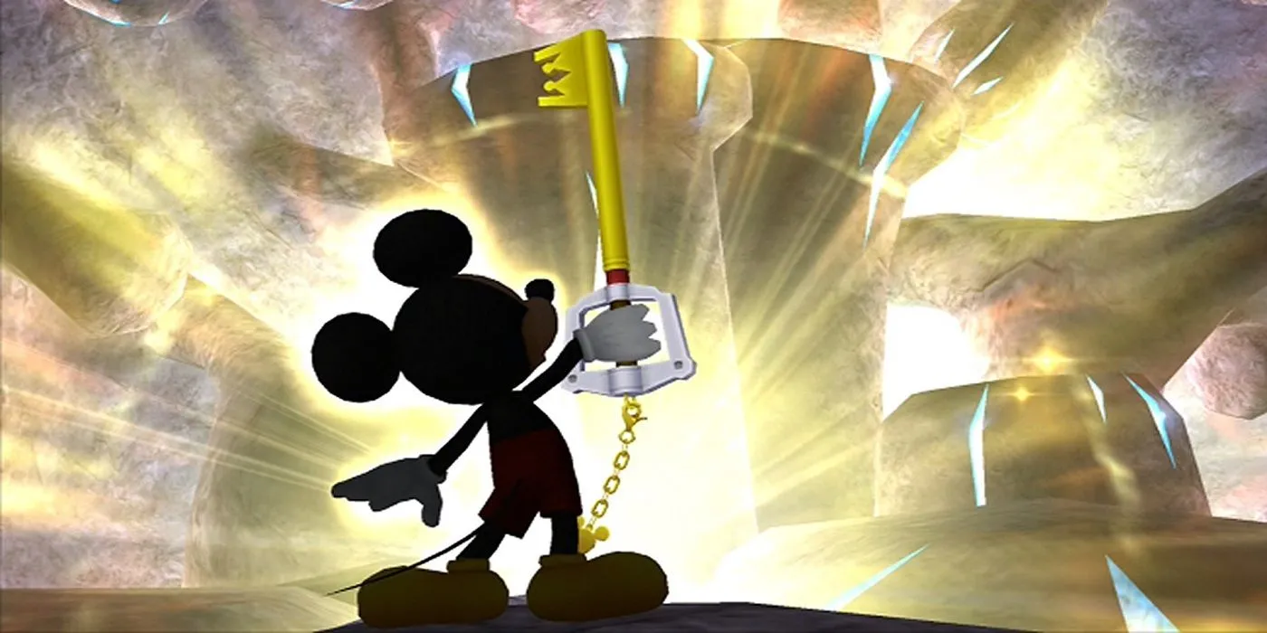 Vua Mickey cầm Keyblade huyền thoại trong trò chơi Kingdom Hearts