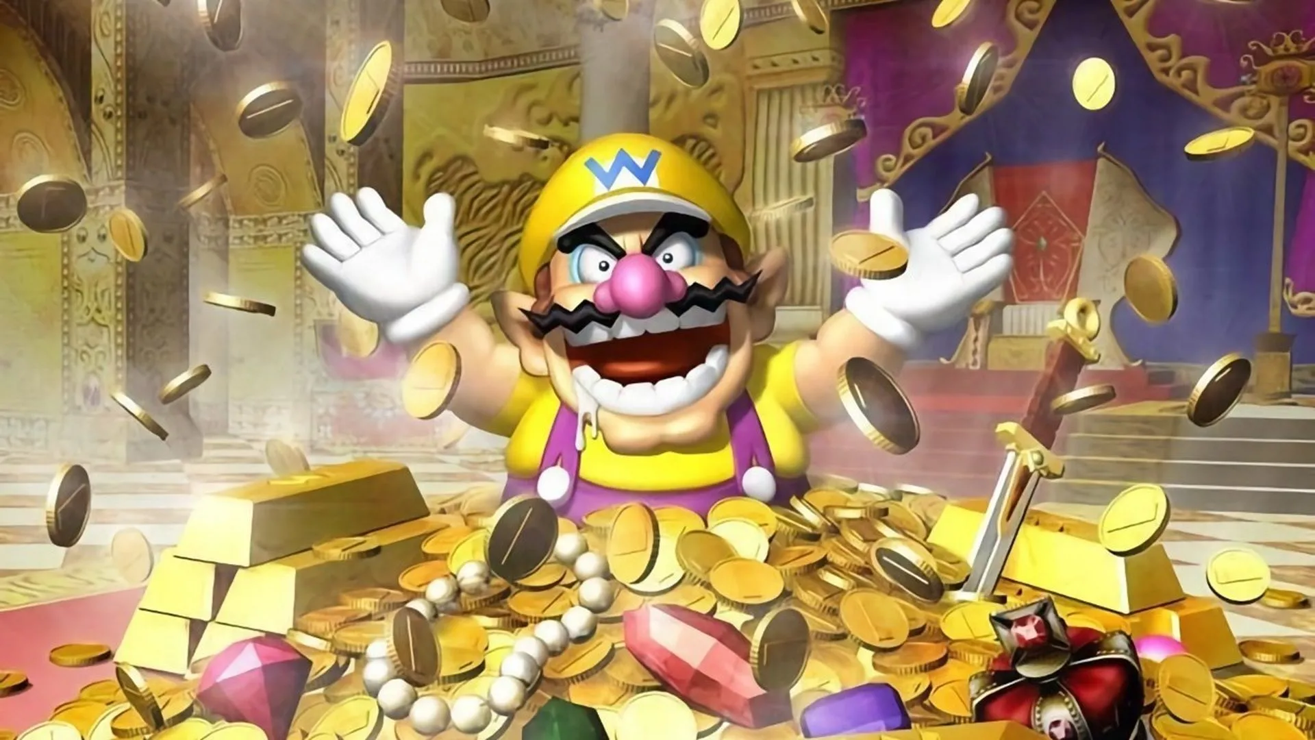 Wario, với bộ trang phục vàng và tím đặc trưng, đang đứng trên đỉnh một đống kho báu khổng lồ, thể hiện bản chất tham lam trong Wario World trên GameCube.